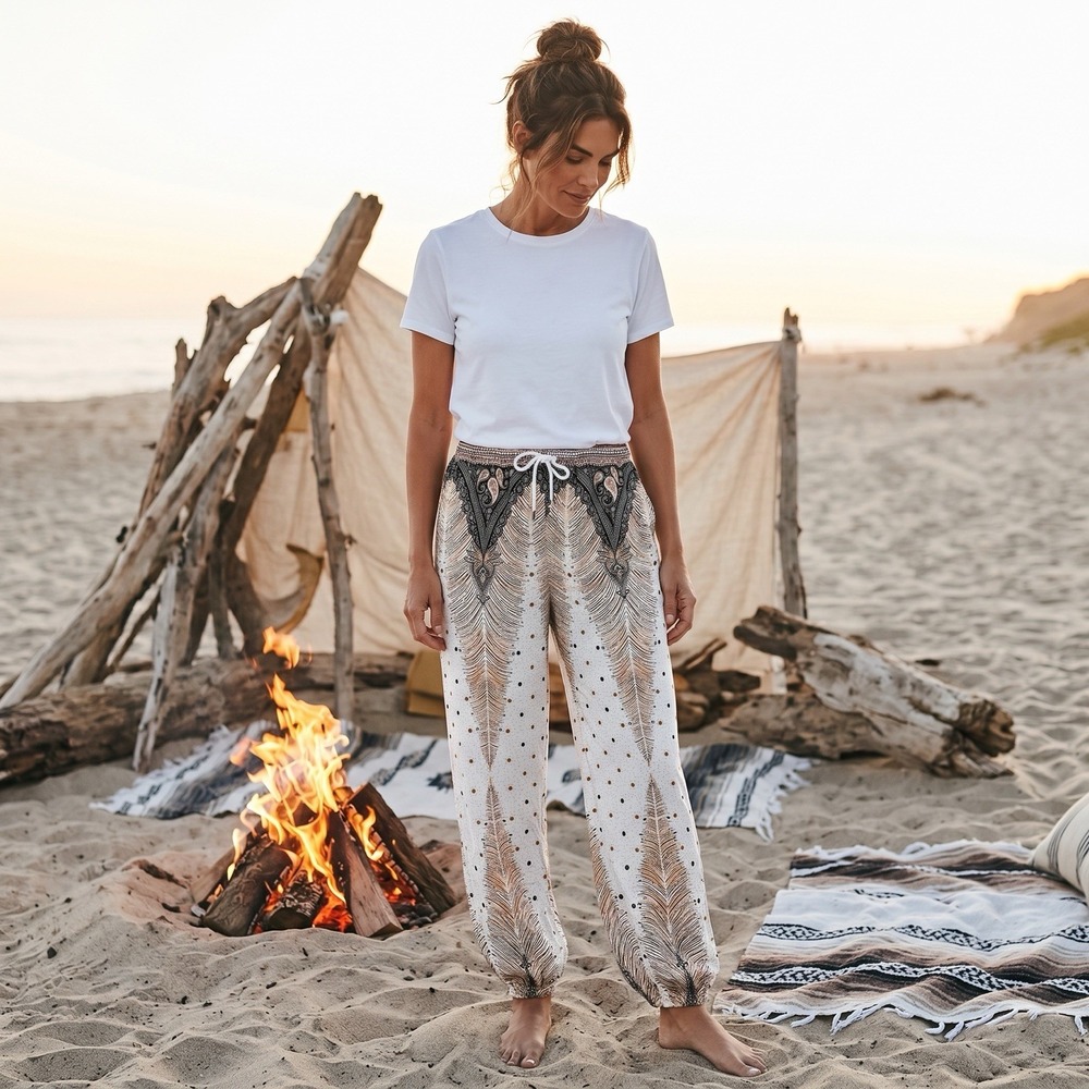 Urban Coco Boho Harem Pants Medium Feather Print Jogger Festival Bohemian
